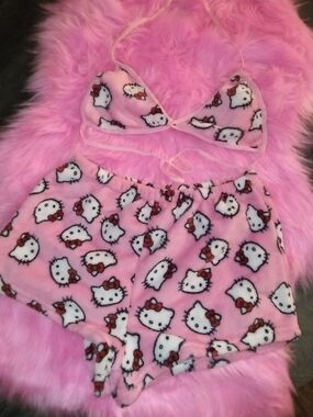 Hello Kitty Pink Fleece Pajama Set  Bralette & Shorts